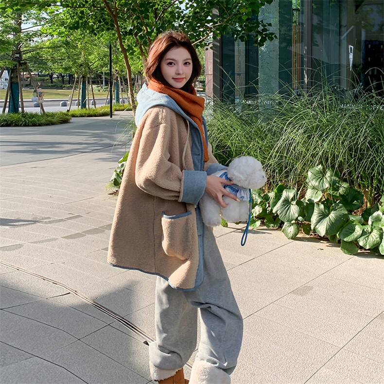 撞色拼接连帽羊羔毛外套女2025冬季新款韩系学院风小个子加厚棉服,女装皮草,天使之佳话