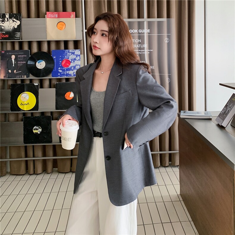 灰色设计感西装外套女2025秋季新款独特别致宽松休闲廓形西服上衣,女装短外套,2C307