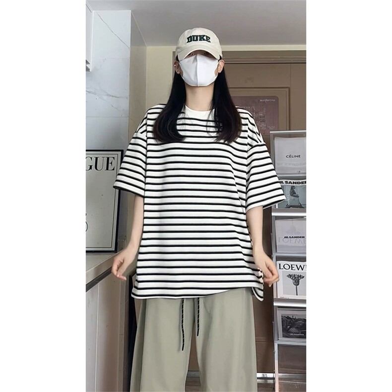 学院风纹理感经典条纹海军风大码男女无性别上衣T3614-特价P30图片