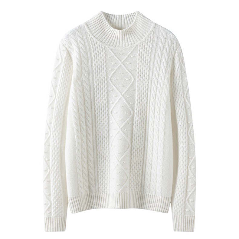 2025年秋季新款百搭厚款半高领菱形绞花套头衫，女装羊绒衫，珍丝贝尔