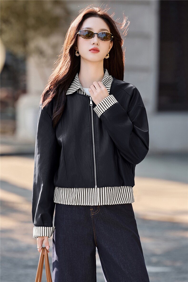 时尚条纹拼接假两件皮衣短外套女2026秋季新款设计感减龄夹克上衣,女装皮衣,采品优优