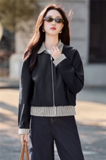时尚条纹拼接假两件皮衣短外套女2026秋季新款设计感减龄夹克上衣，女装皮衣，采品优优
