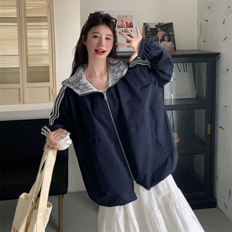 韩版设计感蕾丝花边连帽工装外套女春季2025年新款小个子夹克上衣,女装短外套,2D143