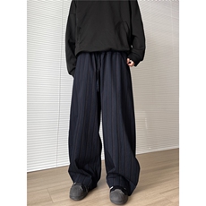 A165-K8767-P6588纯棉复古黑蓝竖条纹弯刀阔腿裤拖地休闲裤，男装休闲裤，电商A165