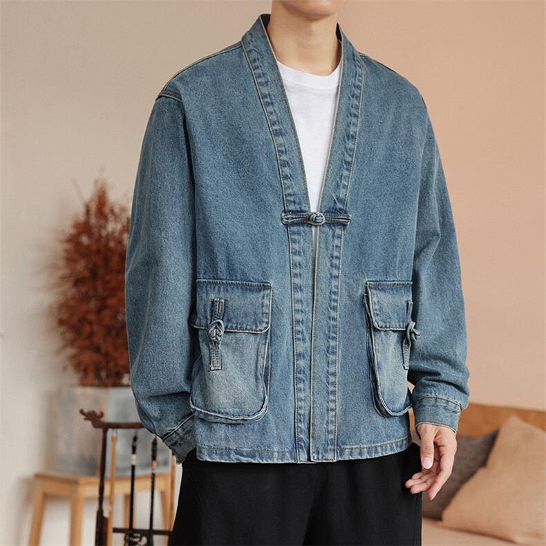 24秋冬大码道袍日系复古牛仔外套盘扣新中式夹克风潮F26/P110，男装工装外套，电商A221A