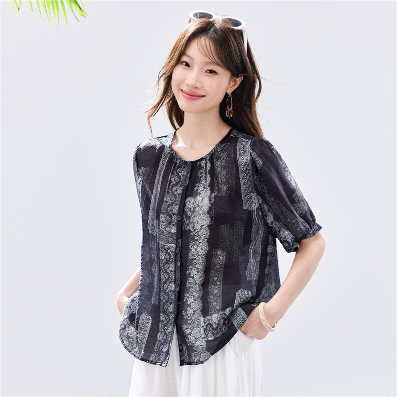 现货2026夏装新款透气亲肤凉爽女士花衬衣,女装衬衫,木子恋