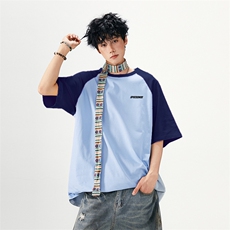 抖音得物高品质二开240克宽松纯棉美式潮牌插肩袖拼接短袖T恤，男装T恤，电商A486-1