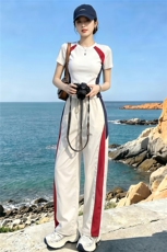 潮流时尚休闲运动套装女夏季新款显瘦竖纹圆领短袖上衣长裤两件套，女装套装/套裙，江南