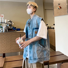 美式复古拼色牛仔马甲外套男春装韩版宽松直筒无袖外搭夹克上衣，男装夹克，星座1013