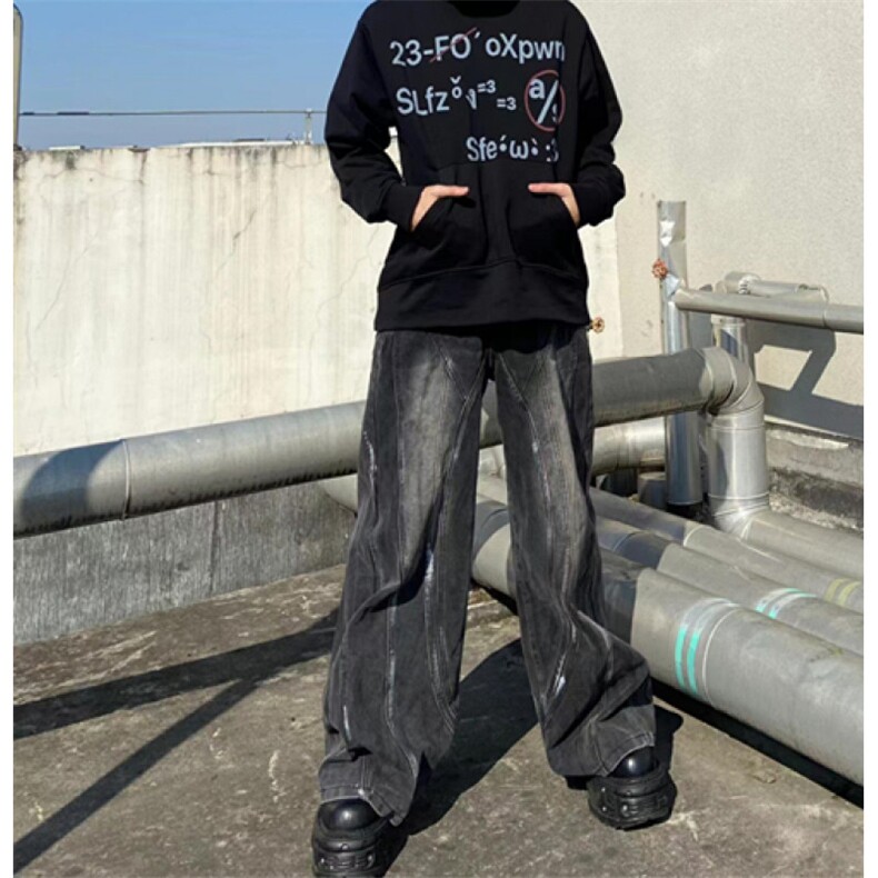 复古做旧阔腿宽松牛仔裤小众手绘设计感休闲裤高腰裤NB78,男装休闲裤,星座1116A（原606A-3）