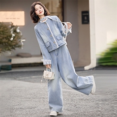 牛仔套装女春装2025新款超火开春穿搭小个子阔腿裤两件套洋气时尚，女装套装/套裙，天丝秀