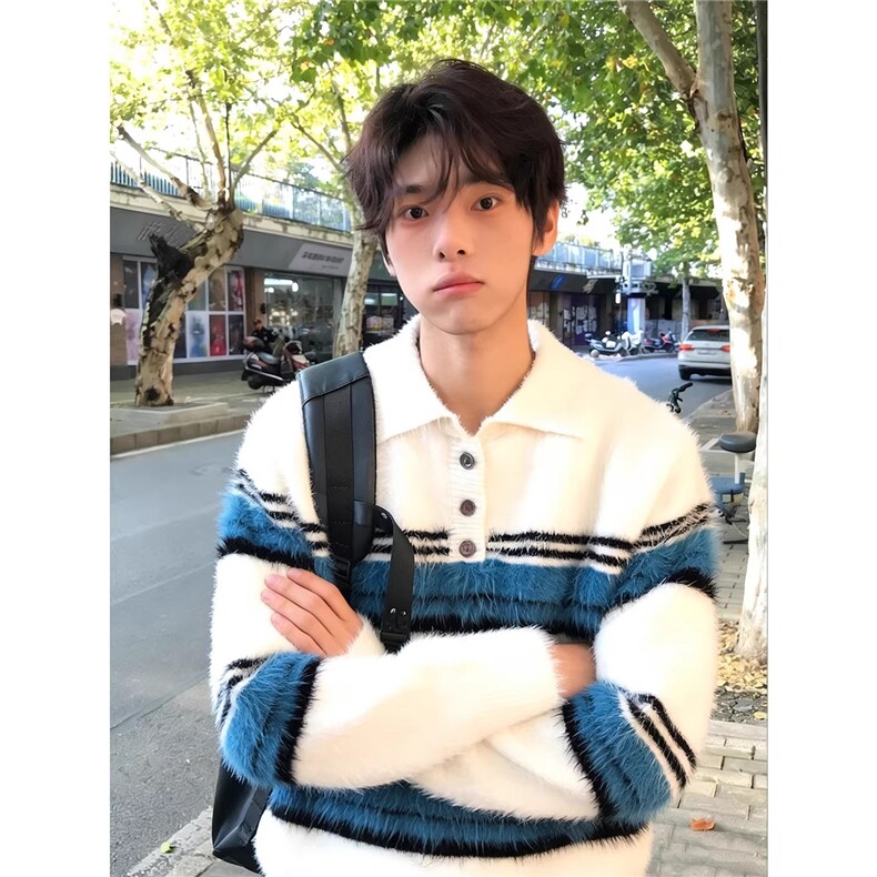 美式马海毛撞色条纹毛衣男冬季POLO领内搭毛线衣青少年高级感外套,男装针织衫/毛衣,星座601-1