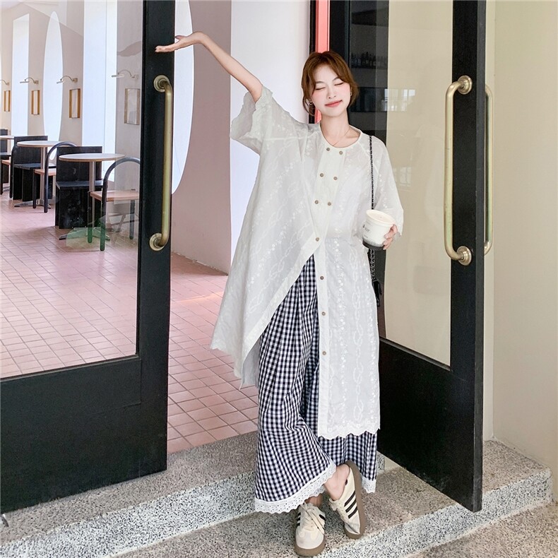森系慵懒风刺绣连衣裙套装女2025夏新款复古宽松格子阔腿裤两件套图片