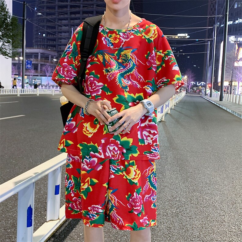 TZ203夏新款男士T恤短裤套装东北大花大码红色蓝色青年运动套装,男装休闲套装,星座115A(原星座507）