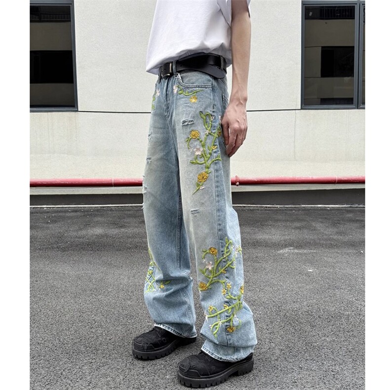 1506/QB1740/P60潮牌小众藤条花卉刺绣宽松直筒高街拖地长裤图片