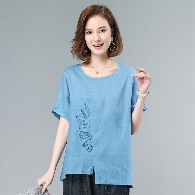 2021夏季新款气质圆领拼贴纯色麻短袖上衣，女装衬衫，叶笙衣