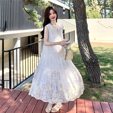 复古法式甜美浪漫风减龄印花连衣裙夏季2025时尚流苏绑带领口长裙，女装连衣裙，2C201