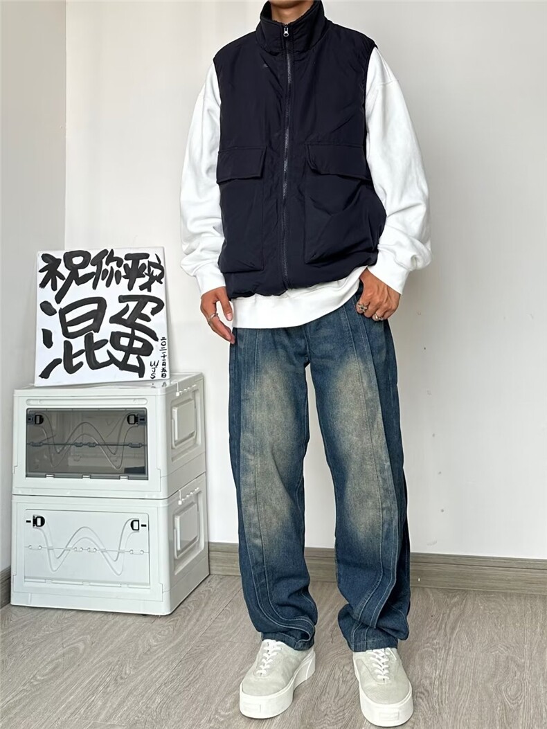 美式高街牛仔裤男女小众设计拼接廓形水洗复古直筒长裤子-B180,男装牛仔裤,星座601-2