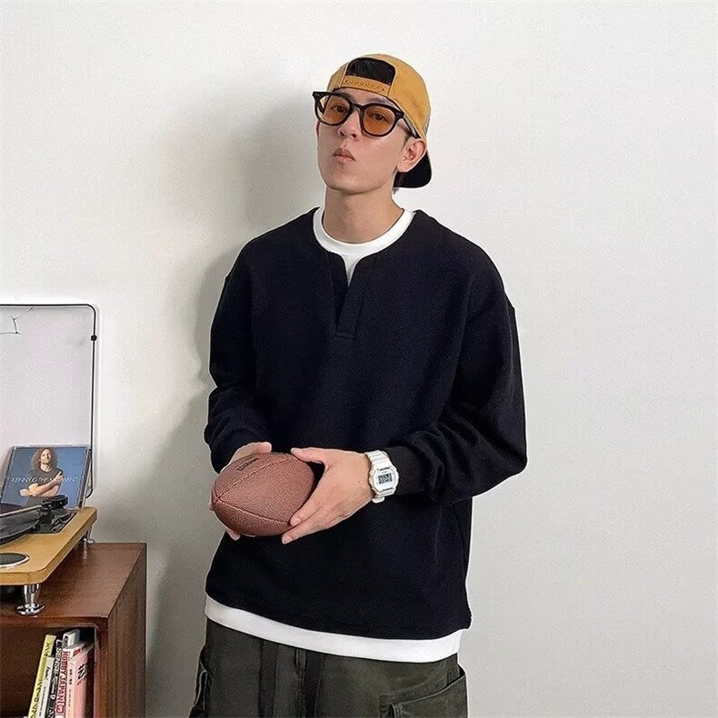 春秋季假两件拼接V领卫衣男款重磅宽松休闲上衣轻熟风打底衫,男装T恤,星座1210-1