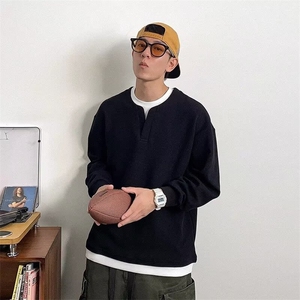 春秋季假两件拼接V领卫衣男款重磅宽松休闲上衣轻熟风打底衫图片