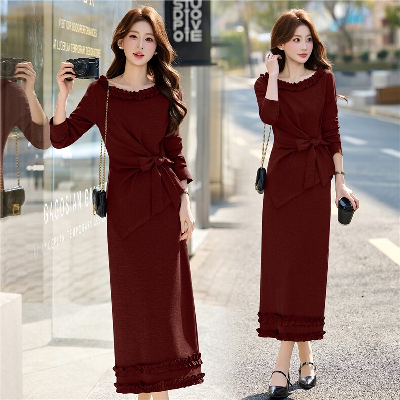 主推现货优雅简洁领型凸显女人味裙摆双层木耳边时尚休闲套裙，女装套装/套裙，尚娜萱