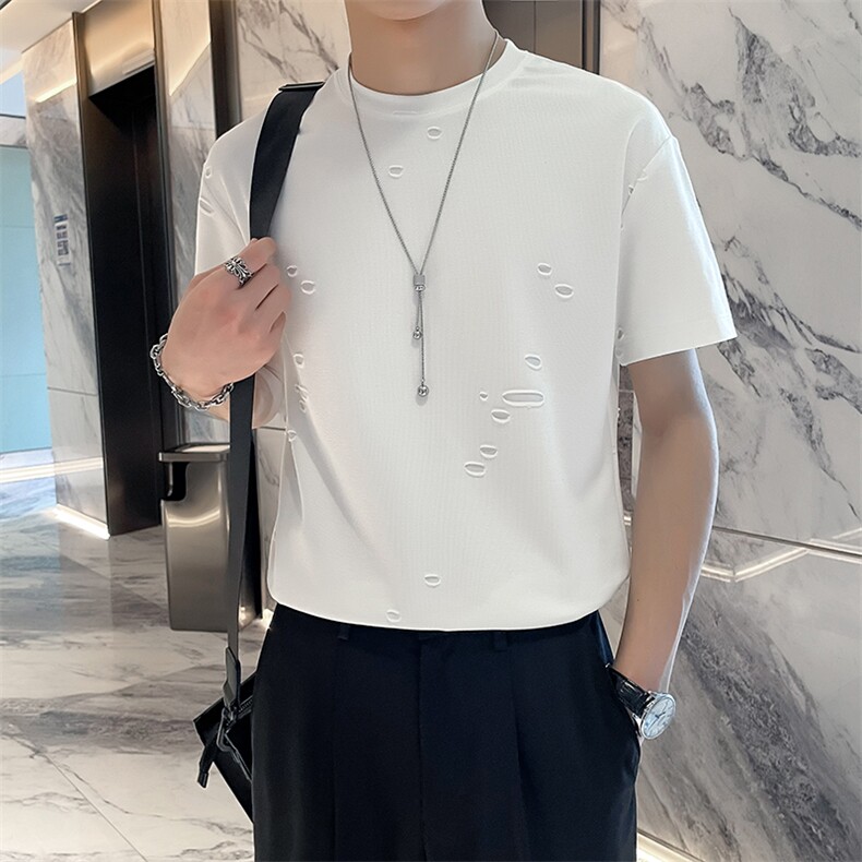 B216TX1009P502025夏装新款男士破洞潮流短袖T恤社会风,男装T恤,电商B216（原B302）