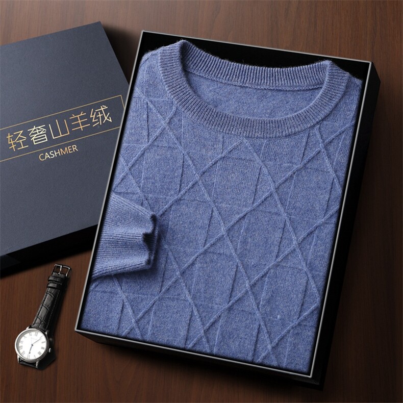 秋冬季新款舒适时尚百搭一线成衣圆领菱形格提花35%羊绒衫，男装羊绒套衫，雅之冉羊绒