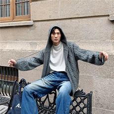 秋冬新款美式麻花纹理针织外套连帽慵懒风ins百搭拉链毛衣男，男装针织衫/毛衣，星座506A