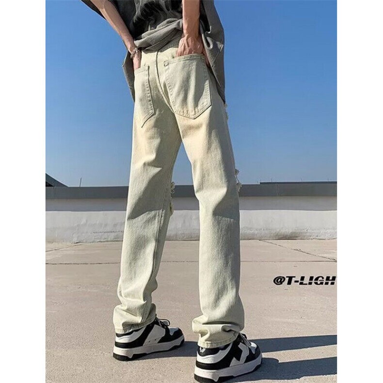 高街夏季hiphop黄泥破洞拉链直筒牛仔裤男宽松休闲长裤N8835,男装牛仔裤,星座1116A（原606A-3）