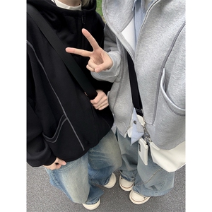 抖音得物高品质秋冬美式高街重磅结构辑明线纹理连帽卫衣外套W111图片