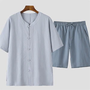 唐装男风亚麻套装夏季中老年人中式棉麻宽松爸爸太极服男装图片