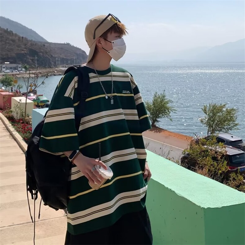 美式潮牌复古条纹短袖T恤男女街头宽松百搭休闲GT108P23,男装T恤,星座1116-2