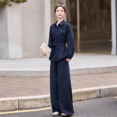 轻熟风气质时尚套装女2025秋季新款系带收腰长袖衬衫阔腿裤两件套，女装套装/套裙，盈茜