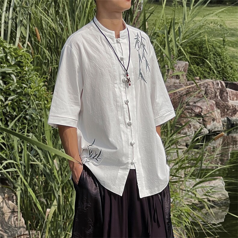 2024棉麻风中式复古刺绣立领休闲衬衫T五分袖MT2308-P65,男装T恤,电商A021