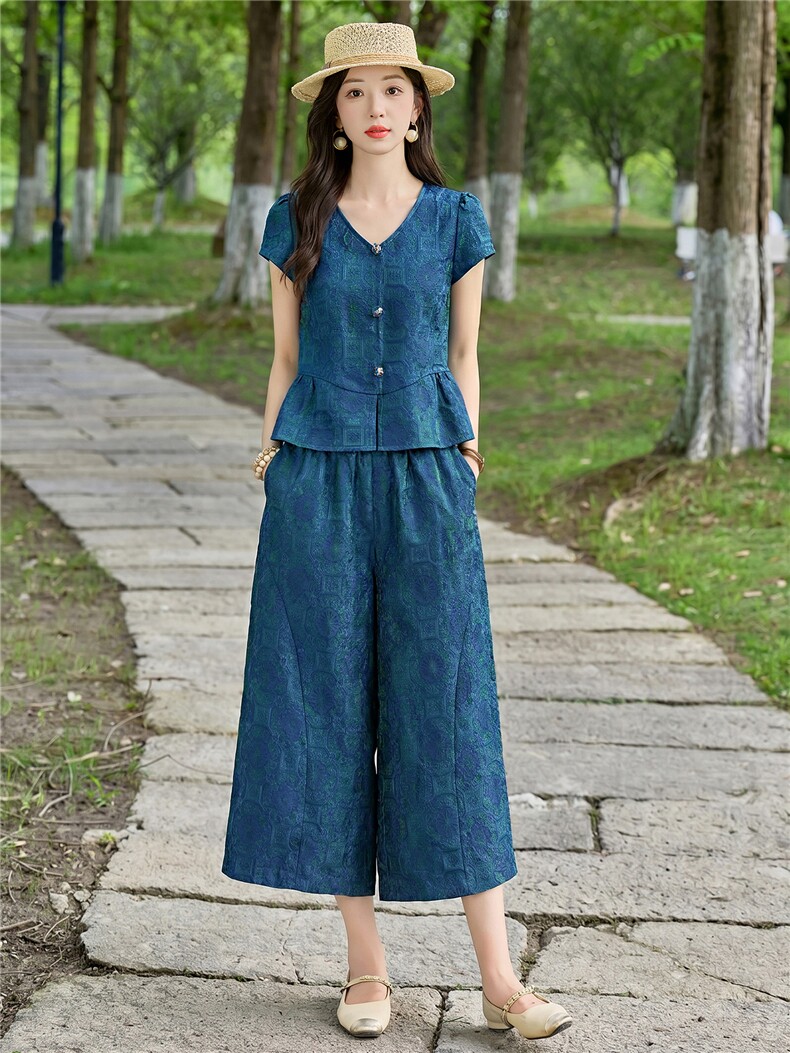 现货2026夏季新中式老钱风提花新款套装两件套套装,女装套装/套裙,伊仟回