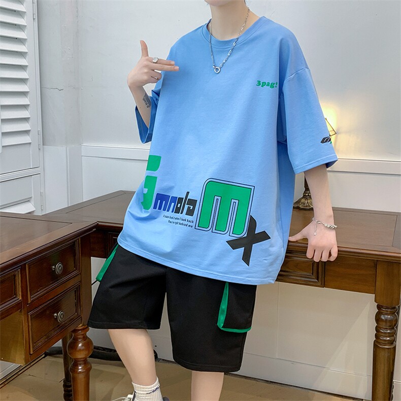 新款夏季短袖T恤工装裤短裤套装港风纯棉宽松潮男装DF320TP65,男装休闲套装,电商A086