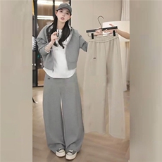 高端时尚套装女秋季新款连帽短款卫衣内搭白色背心阔腿裤三件套潮，女装套装/套裙，江南