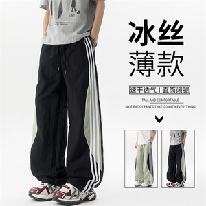 悟空有货潮牌夏季撞色条纹抽绳运动裤男复古街头宽松百搭休闲长裤图片