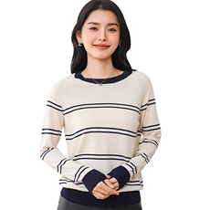 纯棉撞色t恤夏季新款女士长袖套头休闲时尚柔软上衣纯棉针织，女装针织衫/毛衣，伊绒腾羊绒