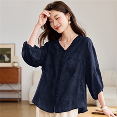 2026春秋季苎麻时尚简约大方气质优雅刺绣休闲透气衬衫，女装衬衫，独衣靓