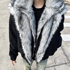 2025秋冬潮牌情侣美式座山雕加厚外套宽松假两件毛领棉服，男装棉衣，星座506A