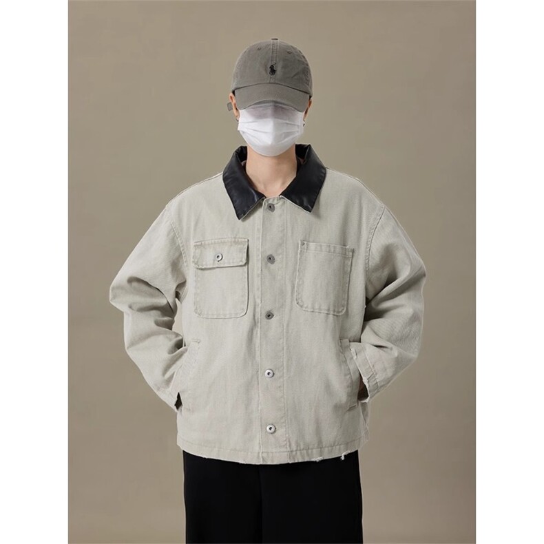 灰色拼接pu皮领牛仔外套男女秋冬工装褂子美式情侣夹克HH8967P70,男装工装外套,星座1013-5