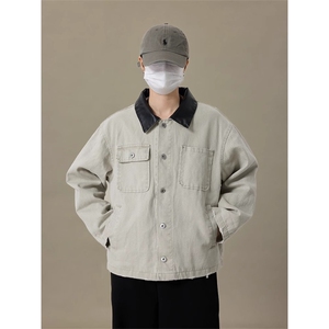 灰色拼接pu皮领牛仔外套男女秋冬工装褂子美式情侣夹克HH8967 P70图片