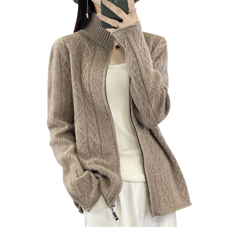 秋冬新款100%纯羊毛开衫女高领拉链外套长袖毛衣宽松针织羊绒外搭,女装羊毛衫,端硕羊绒