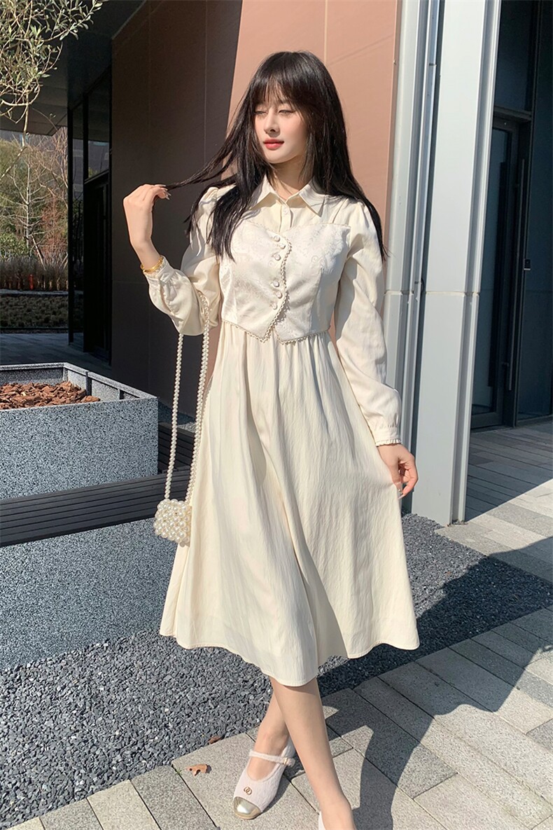 现货2024年春季女新甜美时尚复古印花修身显瘦网红假两件连衣裙,女装连衣裙,煊芮熙