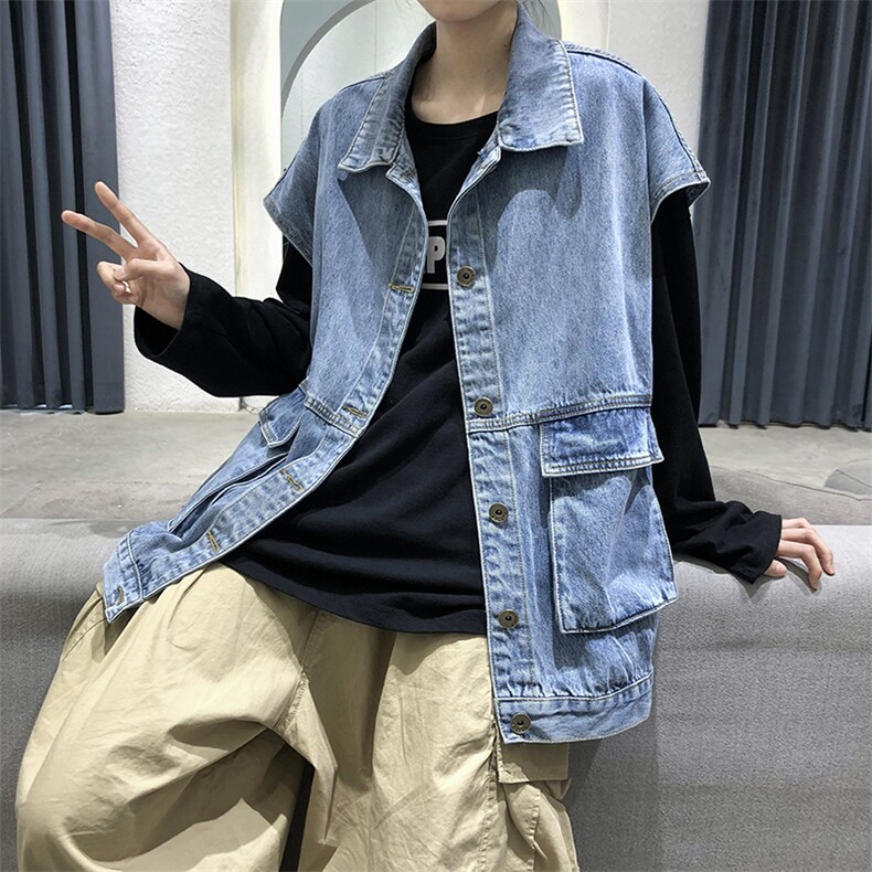 工装马甲牛仔外套港风宽松无袖坎肩背心秋季外套男 A071-301-P55图片