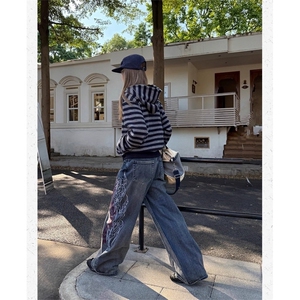 美式复古刺绣宽松直筒竹节纹牛仔裤男女阔腿街头cleanfit长裤潮图片