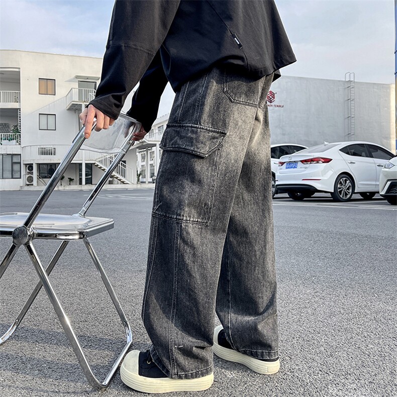特批P50无差价春夏新款美式复古工装口袋拼接宽松阔腿裤牛仔男816,男装牛仔裤,星座1006