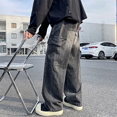 特批P50无差价春夏新款美式复古工装口袋拼接宽松阔腿裤牛仔男816，男装牛仔裤，星座1006