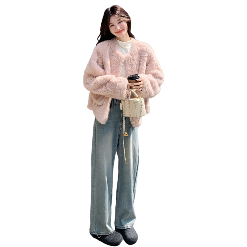 加厚保暖皮毛一体粉色羊羔毛外套女冬季2025新款小个子巨好看棉服,女装短外套,2C217